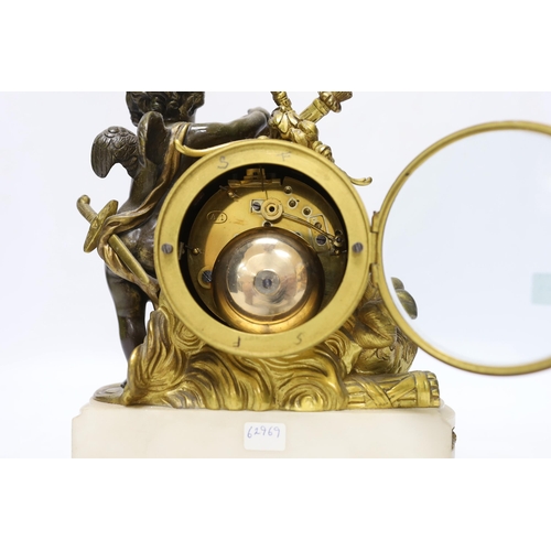 262 - A French ormolu and bronze mantel clock striking on a bell, 22cm high