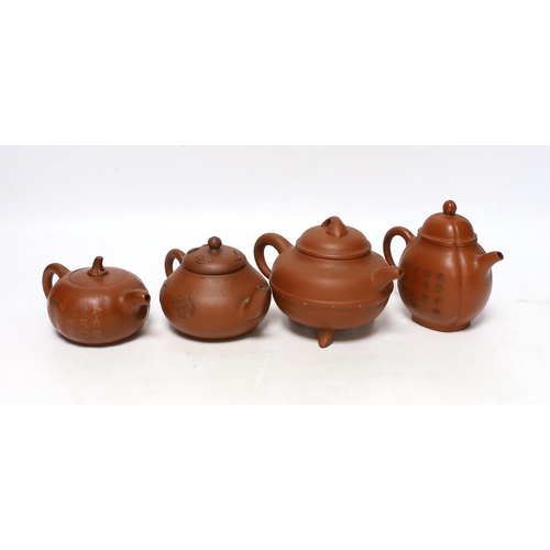 263 - Four Chinese Yixing teapots, one slip decorated with a landscape, tallest 10.5cm Provenance- from a ... 