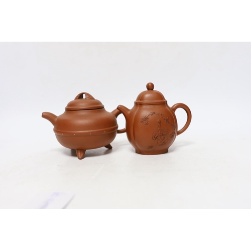 263 - Four Chinese Yixing teapots, one slip decorated with a landscape, tallest 10.5cm Provenance- from a ... 