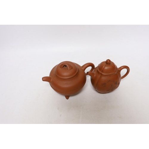 263 - Four Chinese Yixing teapots, one slip decorated with a landscape, tallest 10.5cm Provenance- from a ... 