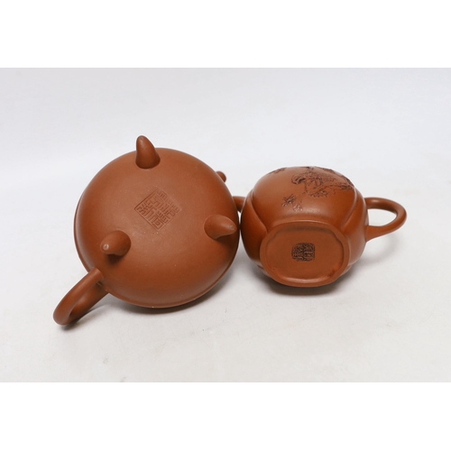 263 - Four Chinese Yixing teapots, one slip decorated with a landscape, tallest 10.5cm Provenance- from a ... 