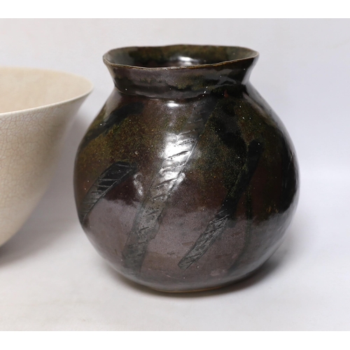 269 - Tim Andrews, a bowl and a studio pottery crackleware vase,  tallest 19cm high