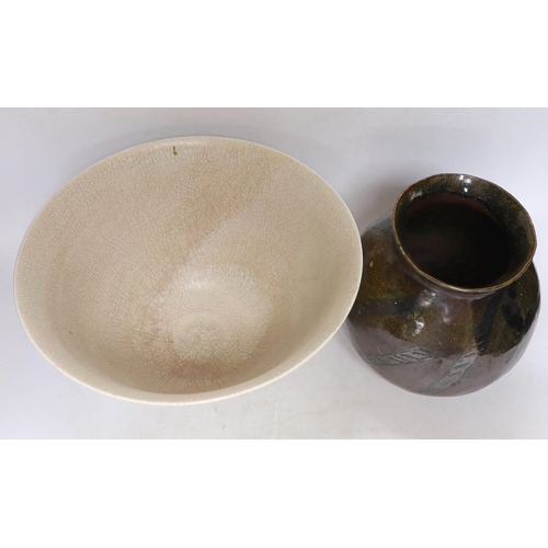 269 - Tim Andrews, a bowl and a studio pottery crackleware vase,  tallest 19cm high