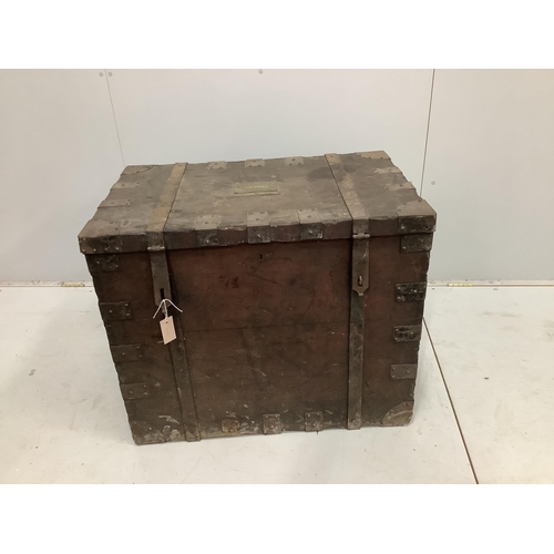 28 - A Victorian iron bound oak silver chest, the brass plaque engraved E.S. Wills, width 83cm, depth 52c... 