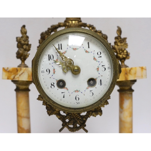 280 - A late 19th century French gilt metal and variegated marble eight day pillar clock, 37cm high