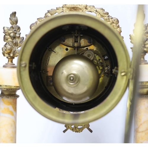 280 - A late 19th century French gilt metal and variegated marble eight day pillar clock, 37cm high