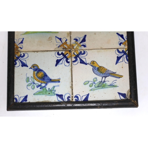 281 - A 17th century Delft four-tile panel, polychrome-decorated with birds and with fleur-de-lys to corne... 