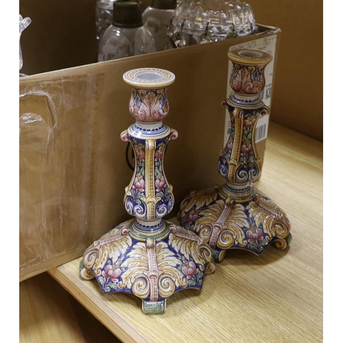 289 - Two pairs of glass lustres, a larger lustre, other glassware, a pair of pottery candle sticks and or... 