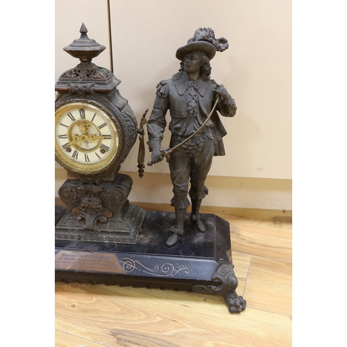 295 - A 20th century American spelter and Cavalier figural mantel clock, 52cm high