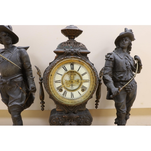 295 - A 20th century American spelter and Cavalier figural mantel clock, 52cm high