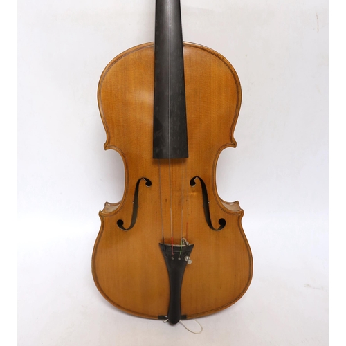 296 - A bird's eye maple veneered student's violin, 58.5cm long