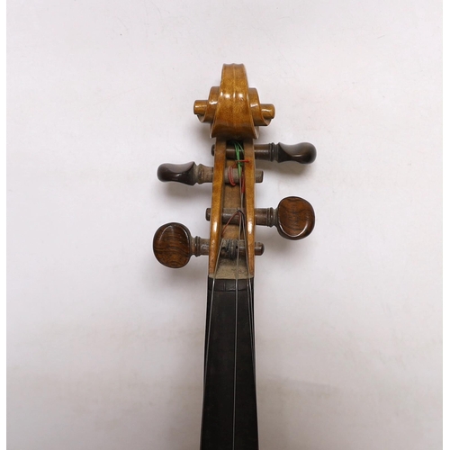 296 - A bird's eye maple veneered student's violin, 58.5cm long