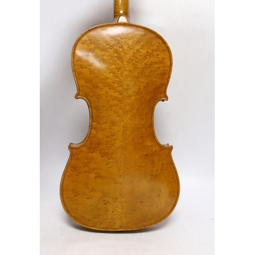 296 - A bird's eye maple veneered student's violin, 58.5cm long