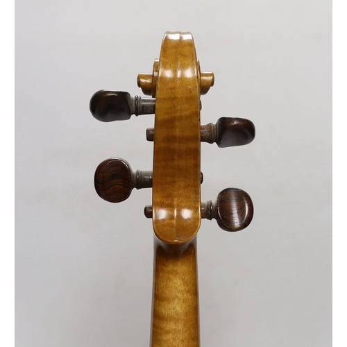 296 - A bird's eye maple veneered student's violin, 58.5cm long