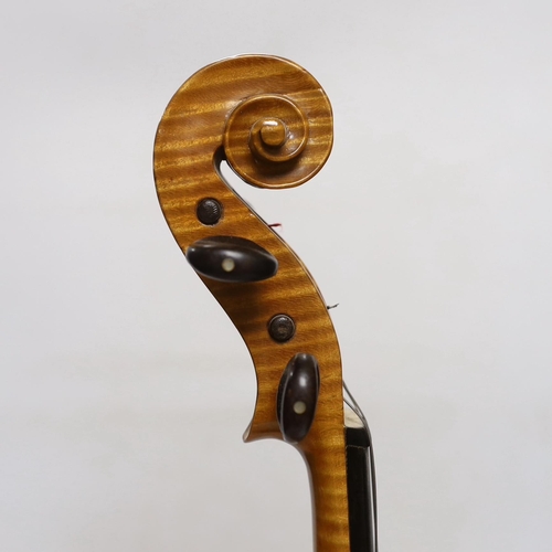 296 - A bird's eye maple veneered student's violin, 58.5cm long