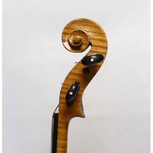 296 - A bird's eye maple veneered student's violin, 58.5cm long