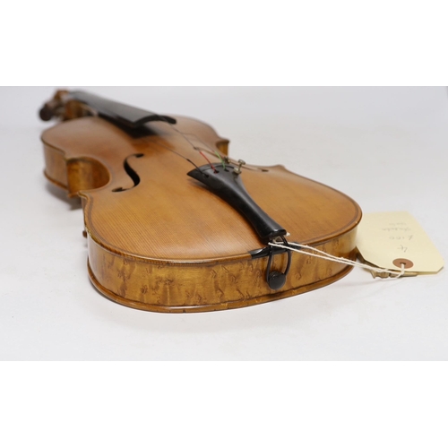 296 - A bird's eye maple veneered student's violin, 58.5cm long