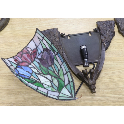 301 - A pair of leaded glass Tiffany style wall lights, 34 x 34cm