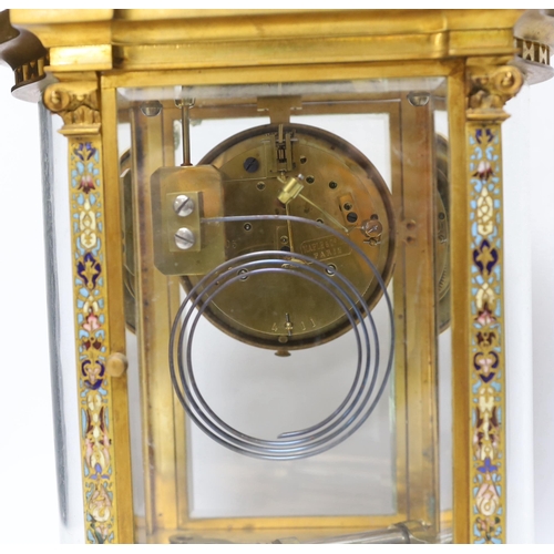 302 - A late 19th century French gilt brass and champleve enamel cased eight day four glass mantel clock, ... 