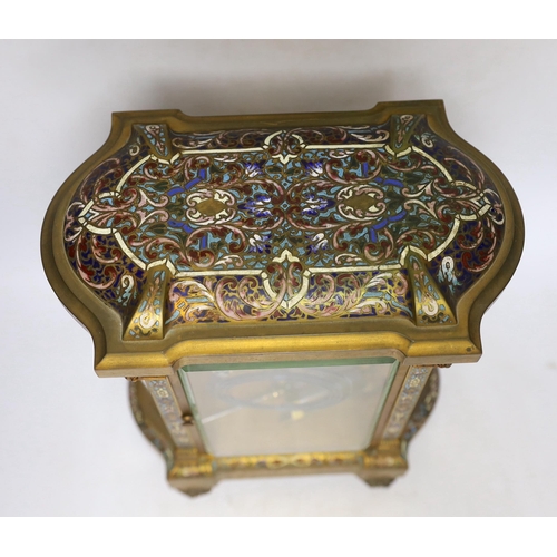 302 - A late 19th century French gilt brass and champleve enamel cased eight day four glass mantel clock, ... 