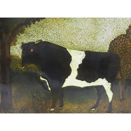 305 - A framed Digby Turpin, enamelled plaque of a bull, 39cm wide x 34cm high including frame