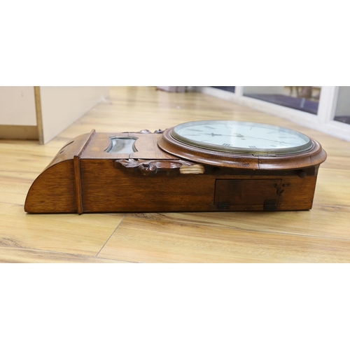 310 - A 19th century oak eight day drop dial wall clock, with twin fusee movement, 65cm