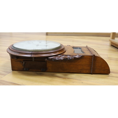 310 - A 19th century oak eight day drop dial wall clock, with twin fusee movement, 65cm