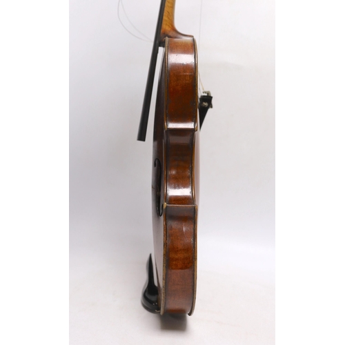 316 - A violin labelled 'Albani Palermo', cased, length of back 35.5cm