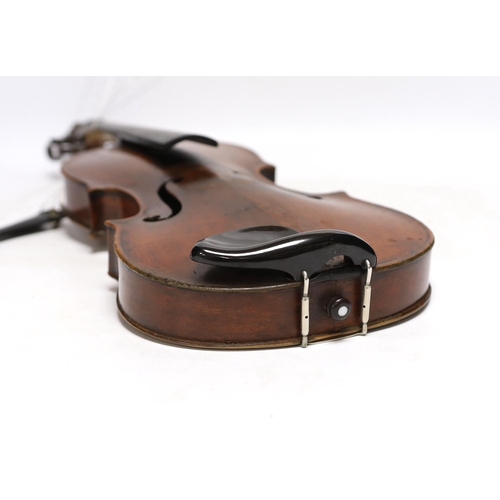 316 - A violin labelled 'Albani Palermo', cased, length of back 35.5cm