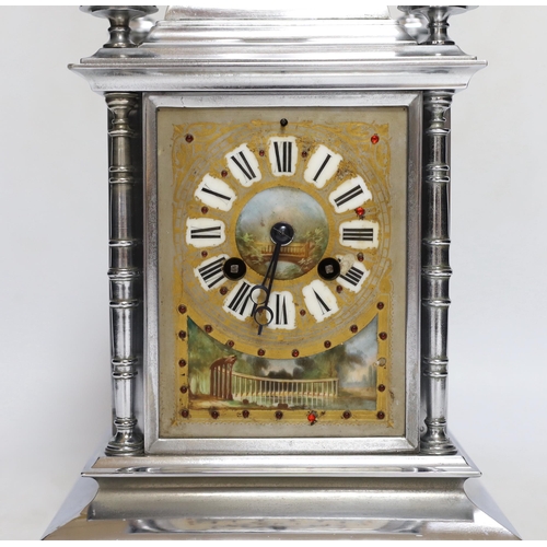 324 - A French chrome plated mantel clock, with jewelled porcelain inset panels 32cm