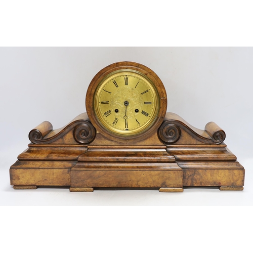 335 - A 19th century burr walnut drum head mantel clock striking on a bell 52cm wide