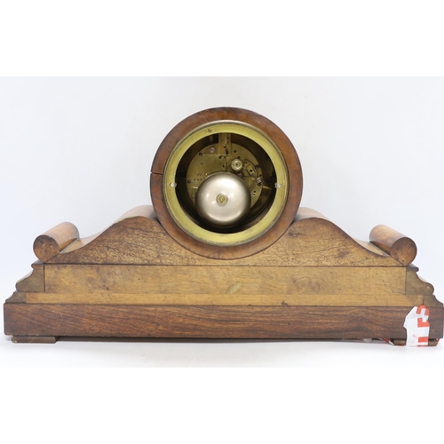 335 - A 19th century burr walnut drum head mantel clock striking on a bell 52cm wide