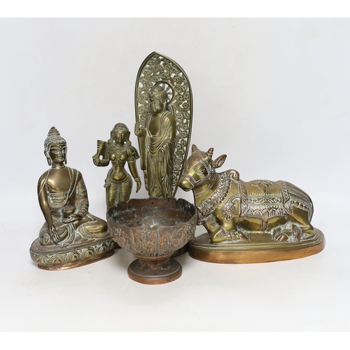 340 - Four bronze deities and a Chinese copper pedestal bowl, tallest 29cm