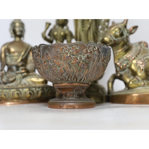 340 - Four bronze deities and a Chinese copper pedestal bowl, tallest 29cm