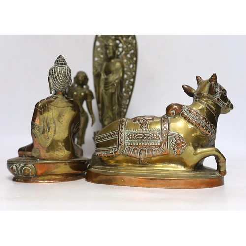 340 - Four bronze deities and a Chinese copper pedestal bowl, tallest 29cm