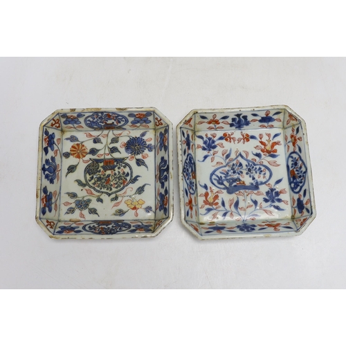 342 - Two Chinese Imari square dishes, Kangxi, 15cm wide, two Chinese enamelled ginger jars and a teapot... 