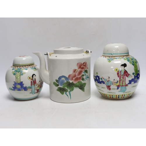 342 - Two Chinese Imari square dishes, Kangxi, 15cm wide, two Chinese enamelled ginger jars and a teapot... 