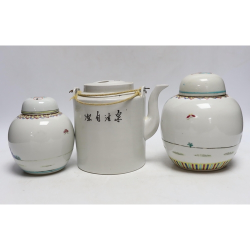 342 - Two Chinese Imari square dishes, Kangxi, 15cm wide, two Chinese enamelled ginger jars and a teapot... 