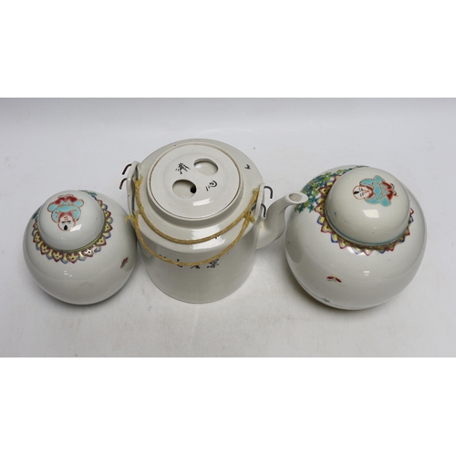 342 - Two Chinese Imari square dishes, Kangxi, 15cm wide, two Chinese enamelled ginger jars and a teapot... 