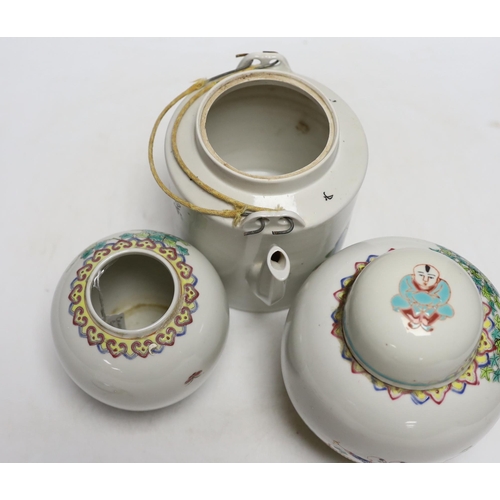 342 - Two Chinese Imari square dishes, Kangxi, 15cm wide, two Chinese enamelled ginger jars and a teapot... 