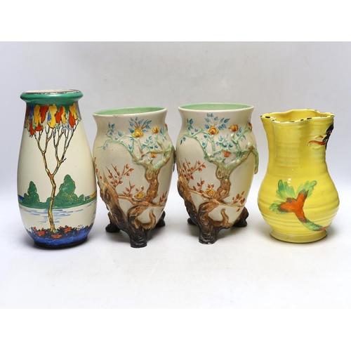 346 - A pair of Clarice Cliff pottery vases, Ducal vase and a jug, largest 23cm high