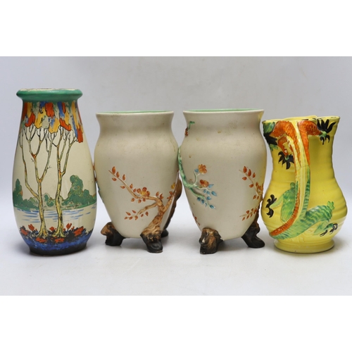 346 - A pair of Clarice Cliff pottery vases, Ducal vase and a jug, largest 23cm high