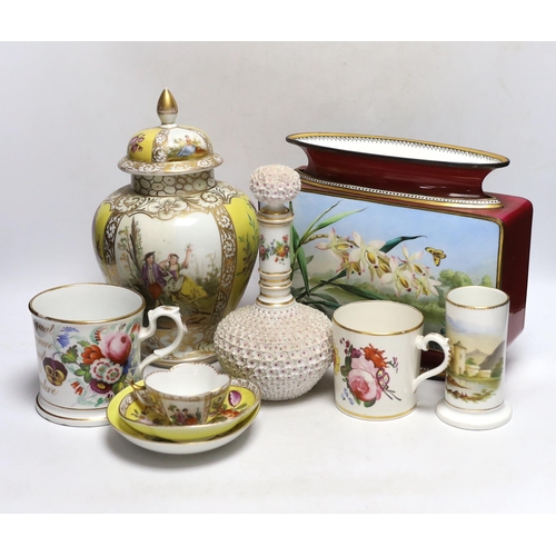 348 - A Dresden jar and cover and similar cup and saucer, a large floral vase, two floral mugs, a floral e... 