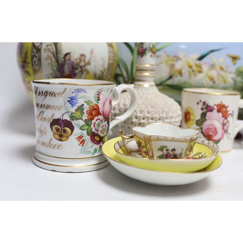 348 - A Dresden jar and cover and similar cup and saucer, a large floral vase, two floral mugs, a floral e... 