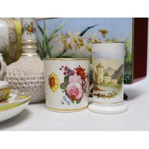 348 - A Dresden jar and cover and similar cup and saucer, a large floral vase, two floral mugs, a floral e... 