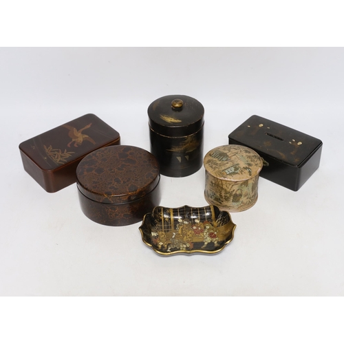 349 - Six pieces of Japanese lacquerware comprising boxes and a small dish, largest 13cm wide