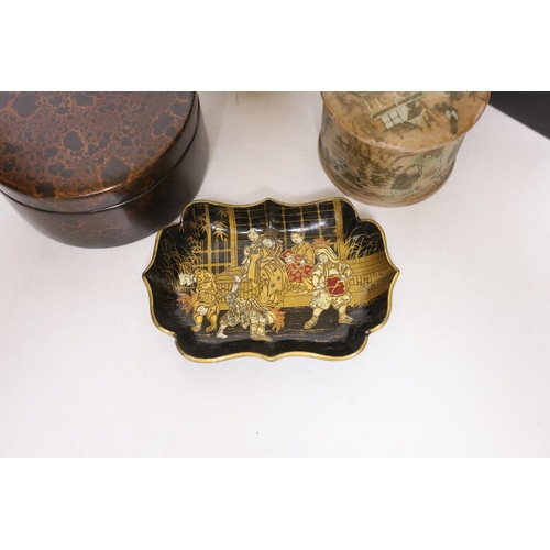 349 - Six pieces of Japanese lacquerware comprising boxes and a small dish, largest 13cm wide