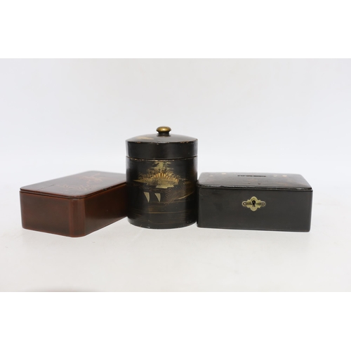 349 - Six pieces of Japanese lacquerware comprising boxes and a small dish, largest 13cm wide