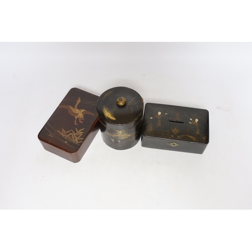 349 - Six pieces of Japanese lacquerware comprising boxes and a small dish, largest 13cm wide