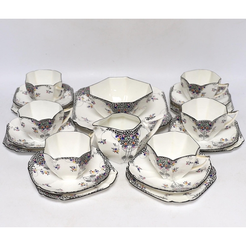 351 - A Shelley Black Leafy part tea set comprising trios, milk jug, bowl and sandwich plate